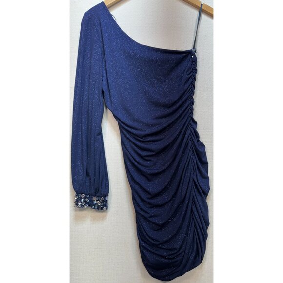Deb Women's Sparkle Beaded Sequin Cocktail & Party Dress Side Ruched Size L Blue - Picture 2 of 11
